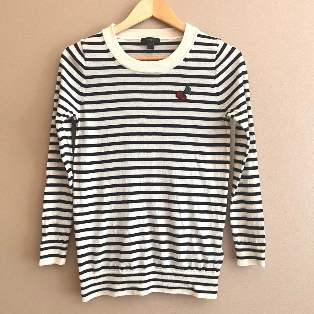 J.Crew Tippi Sweater Womens Small Merino Wool Navy Striped Cherry Patch Preppy